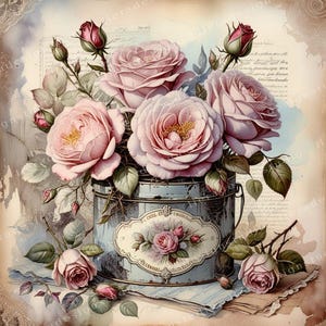 Shabby Chic Blechdose mit Rosen, Clipart Bundle, Shabby Chic Rosen Junk Journals, 10 hochwertige Aquarell JPGs, Decoupage, Scrapbook