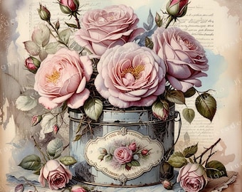 Shabby chic tin box with roses Clipart Bundle, Shabby chic roses Junk Journals, 10 High Quality Watercolor JPGs, Decoupage, Scrapbook