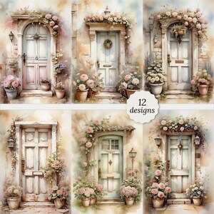 Shabby chic Vintage door junk journal pages bundle, Shabby chic door Cards, Decoupage, Scrapbook, 12 High Quality Watercolor JPGs A4