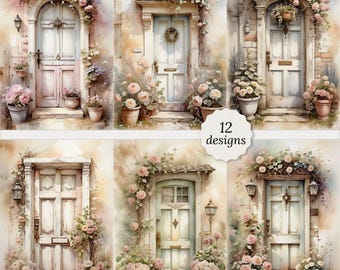 Shabby chic Vintage door junk journal pages bundle, Shabby chic door Cards, Decoupage, Scrapbook, 12 High Quality Watercolor JPGs A4