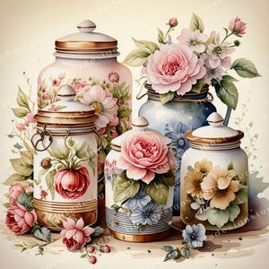 Shabby chic porcelain jars Bundle, Shabby chic jars Junk Journals, Shabby chic Decoupage, Scrapbook, 10 High Quality Watercolor JPGs