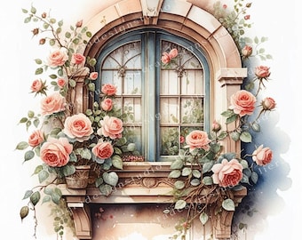 Vintage Shabby chic window Bundle, Window Junk Journals, Shabby chic window Decoupage, Scrapbook, 10 High Quality Watercolor JPGs