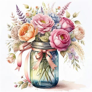 Shabby chic mason jar with flowers Clipart Bundle, Shabby chic flowers Junk Journals, 10 High Quality Watercolor JPGs, Decoupage, Scrapbook