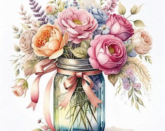 Shabby chic mason jar with flowers Clipart Bundle, Shabby chic flowers Junk Journals, 10 High Quality Watercolor JPGs, Decoupage, Scrapbook