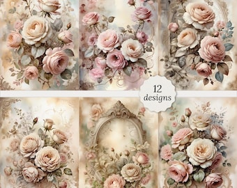 Shabby chic baroque florals roses pages bundle, Shabby chic baroque roses Cards, Decoupage, Scrapbook, 12 High Quality Watercolor JPGs A4