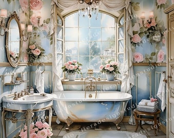 Shabby chic bathroom Bundle, Shabby chic Junk Journals, Shabby chic interior Decoupage, Scrapbook, 10 High Quality Watercolor JPGs