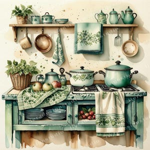 Shabby Chic Küche Clipart Bundle, rustikale Küche Junk Journals, 10 hochwertige Aquarell JPGs, Decoupage, Scrapbook, digitaler Download
