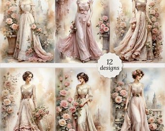 Vintage lady with long dress junk journal pages bundle, Vintage woman clipart, Vintage lady Cards, Decoupage, 12 High Quality Watercolor A4