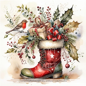 May include: A red boot with a white fur cuff is filled with presents and greenery. A small red robin bird perches on a branch of holly.