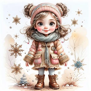 12 Süßes, schrulliges Winter Mädchen Clipart, Winter Mädchen Aquarell, Mädchen in der Winterkleidung, hochwertige JPGs, Papiermodell, Junk Journal, Kartenherstellung