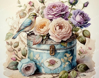 Shabby chic box with bird and roses Clipart Bundle, Shabby chic bird Junk Journals, 10 High Quality Watercolor JPGs, Decoupage, Scrapbook