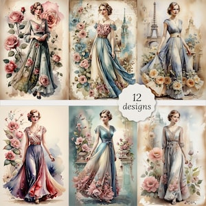 lot de pages de journal indésirable vintage de jeune femme, cartes de femme vintage, découpage, scrapbooking, 12 JPG aquarelles de haute qualité haute résolution A4