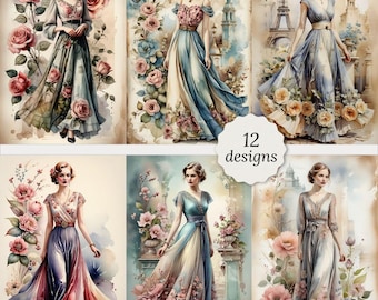 Vintage young lady junk journal pages bundle, Vintage woman Cards, Decoupage, Scrapbook, 12 High Quality Watercolor JPGs hi res A4