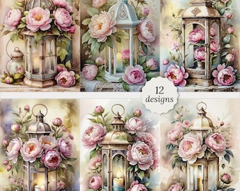 Shabby chic vintage lantern junk journal pages bundle, Vintage lantern Cards, Decoupage, Scrapbook, 12 High Quality Watercolor JPGs, A4