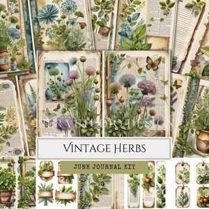 Kit de diário de ervas vintage, páginas para impressão, diário de ervas, clipart de ervas, itens efêmeros, etiquetas de ervas, download digital, comercial
