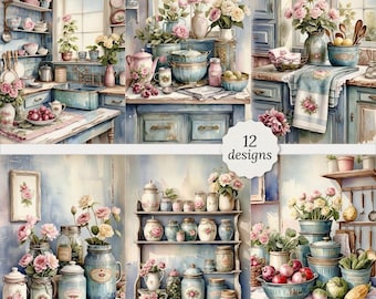 Shabby chic kitchen junk journal pages bundle, Shabby chic kitchen Cards, Shabby chic cooking Decoupage, 12 High Quality Watercolor A4,