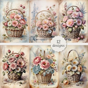 Zestaw stron do dziennika śmieci w koszu w stylu shabby chic z kwiatami, Karty do kosza w stylu shabby chic z kwiatami, Dekupaż, 12 wysokiej jakości akwareli A4