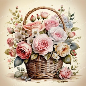 Shabby chic basket with flowers Clipart Bundle, Shabby chic flowers Junk Journals, 10 High Quality Watercolor JPGs, Decoupage, Scrapbook