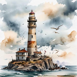 Coastal Lighthouse Bundle, Coastal Junk Journals, Lighthouse Decoupage, Scrapbook, 10 High Quality Watercolor JPGs, commercial license