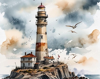 Coastal Lighthouse Bundle, Coastal Junk Journals, Lighthouse Decoupage, Scrapbook, 10 High Quality Watercolor JPGs, commercial license