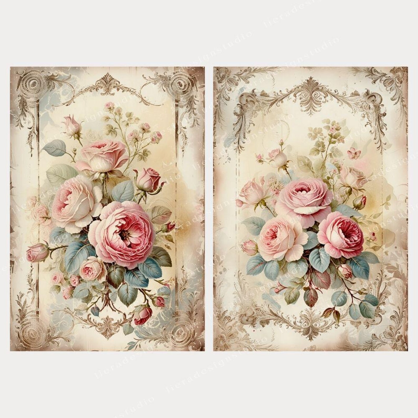Vintage Baroque Florals Roses Pages Bundle, Vintage Baroque Roses Cards ...