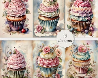 Shabby Chic cupcake junk journal pages bundle, Vintage cupcake Cards, Decoupage, Scrapbook, 12 High Quality Watercolor JPGs hi res A4
