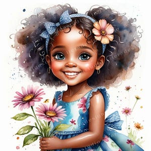 12 Ragazza africana carina che tiene i fiori clipart, Ragazza africana carina acquerello, Ragazza africana clipart, Papercraft, Junk Journal, Cardmaking