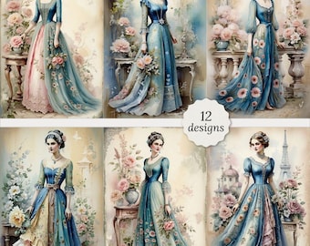 Vintage lady with blue dress junk journal pages bundle, Vintage lady Cards, Decoupage, Scrapbook, 12 High Quality Watercolor JPGs, A4