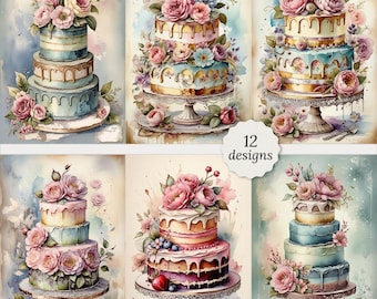 Shabby chic vintage cake pages bundle, Vintage shabby chic cake Cards, Vintage Decoupage, Scrapbook, 12 High Quality Watercolor JPGs A4