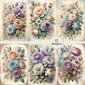 Shabby Chic vintage violette Blumen Junk Journal, Shabby Chic Blumen Karten, Decoupage, 12 hochwertige Aquarell A4 Seiten Bündel,