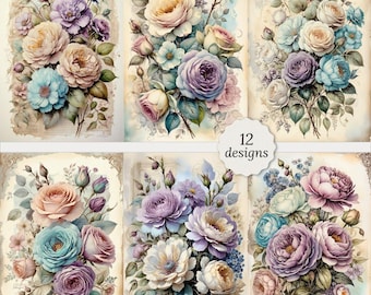 Shabby chic vintage purple flowers junk journal pages bundle, Shabby chic flowers Cards, Decoupage, 12 High Quality Watercolor A4,