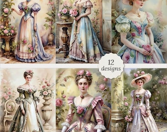 Victorian lady in long dress junk journal pages bundle, Victorian woman Cards, Decoupage, Scrapbook, 12 High Quality Watercolor JPGs, A4