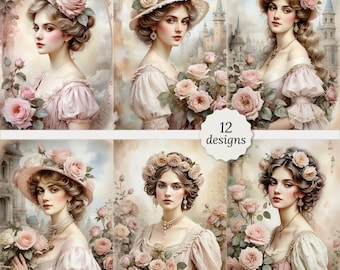 Vintage lady with roses junk journal pages bundle, Vintage woman clipart, Vintage lady Cards, Decoupage, 12 High Quality Watercolor A4