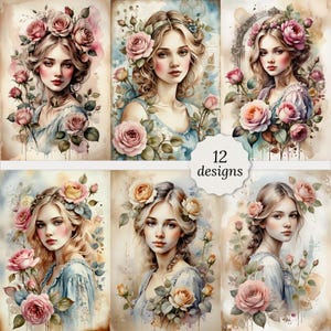 Lot de pages de journal indésirable vintage de jeune fille shabby chic, cartes de femme shabby chic, découpage, scrapbooking, 12 JPG aquarelles de haute qualité A4
