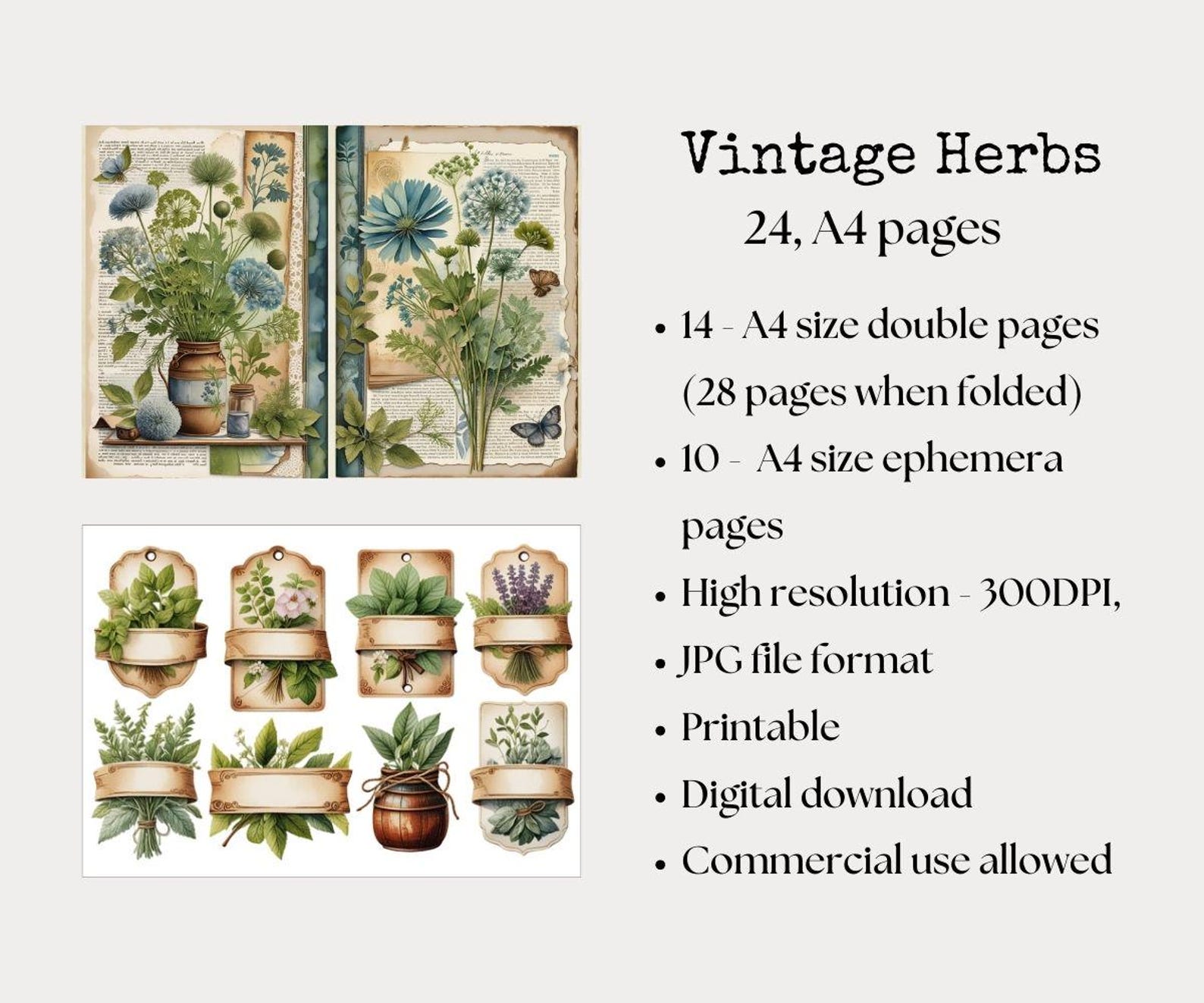 Vintage Herbal Junk Journal Kit, Printable Pages, Herbal Junk Journal ...