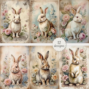 Shabby chic rabbit junk journal pages bundle, Vintage rabbit Cards, Vintage bird Decoupage, Scrapbook, 12 High Quality Watercolor JPGs, A4