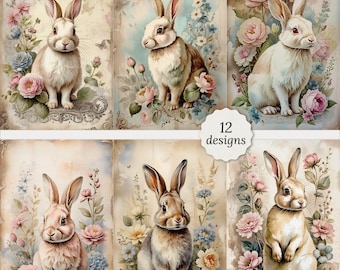 Shabby chic rabbit junk journal pages bundle, Vintage rabbit Cards, Vintage bird Decoupage, Scrapbook, 12 High Quality Watercolor JPGs, A4