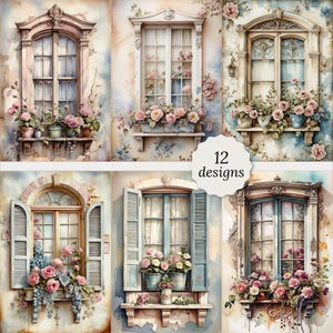 Vintage windows junk journal pagina's bundel, Shabby chic windows-kaarten, decoupage, plakboek, 12 hoogwaardige aquarel jpg's hi res A4