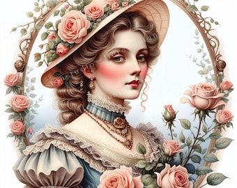 Victorian lady in decorative frame Clipart Bundle, Victorian Junk Journals, 10 High Quality Watercolor JPGs, Decoupage, Scrapbook