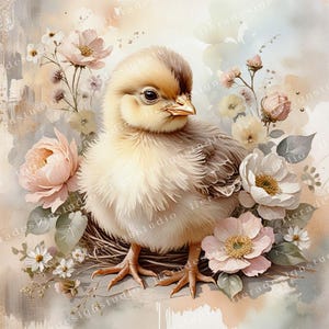 Paquete de imágenes prediseñadas de pollo de Pascua con flores, diarios basura de polluelos shabby chic, 10 archivos JPG de acuarela de alta calidad, decoupage, álbum de recortes