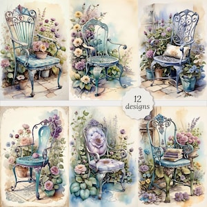 Paquete de páginas de diario con sillas de jardín estilo shabby chic, tarjetas de jardín estilo shabby chic, decoupage de jardín estilo shabby chic, 12 acuarelas A4 de alta calidad.