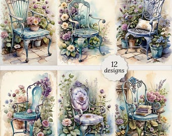 Shabby chic garden chair journal pages bundle, Shabby chic garden Cards, Shabby chic garden Decoupage, 12 High Quality Watercolor A4,