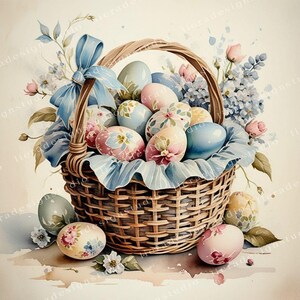 Kosz w stylu shabby chic z jajkami wielkanocnymi Clipart Bundle, Jajka w stylu shabby chic Junk Journals, 10 wysokiej jakości akwareli JPG, Dekupaż, Album