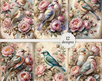 Shabby chic vintage bird with peonies junk journal pages bundle, Vintage bird Cards, Decoupage, Scrapbook, 12 High Quality Watercolor JPGs