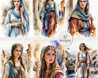 Woman in biblical times journal pages bundle, Biblical Woman Clipart, Biblical Woman Cards, Biblical Decoupage, 12 High Quality Watercolor