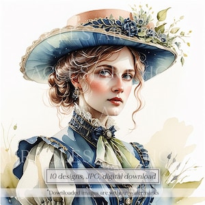 Viktorianische Dame in blau Aquarell Clipart 10 Designs, viktorianische Junk Journal Seiten, viktorianische Dame printables, Kartenherstellung, digitaler Download