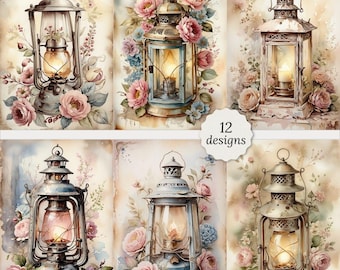 Shabby chic vintage lantern junk journal pages bundle, Vintage Shabby chic lantern Cards, Decoupage, Scrapbook, 12 High Quality JPGs A4