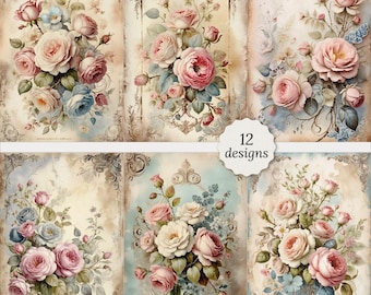 Vintage baroque florals roses pages bundle, Vintage baroque roses Cards, Vintage Decoupage, Scrapbook, 12 High Quality Watercolor JPGs A4