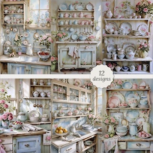 Shabby chic kitchen pages bundle, Rustic shabby chic kitchen Cards, Kitchen Decoupage, Scrapbook, 12 High Quality Watercolor JPGs A4