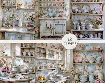 Shabby chic kitchen pages bundle, Rustic shabby chic kitchen Cards, Kitchen Decoupage, Scrapbook, 12 High Quality Watercolor JPGs A4